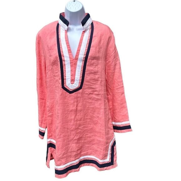 Castaway pink with blue and white stripes sundress  100% linen size M.  A417 - Picture 1 of 7